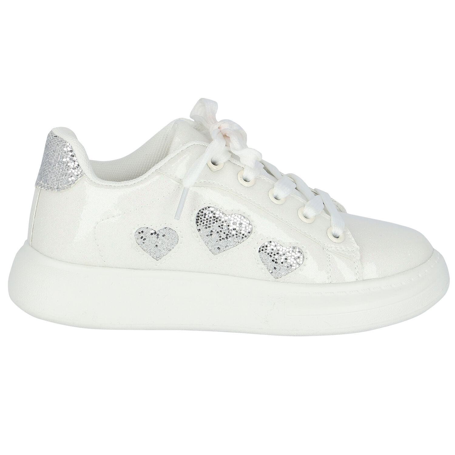 Girls White Hearts Trainers, 1, hi-res
