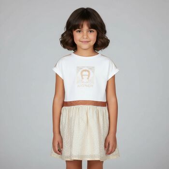 Girls White & Gold Logo Dress