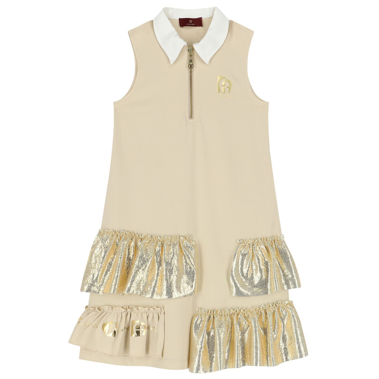 Girls Beige & Gold Logo Dress, 2, hi-res