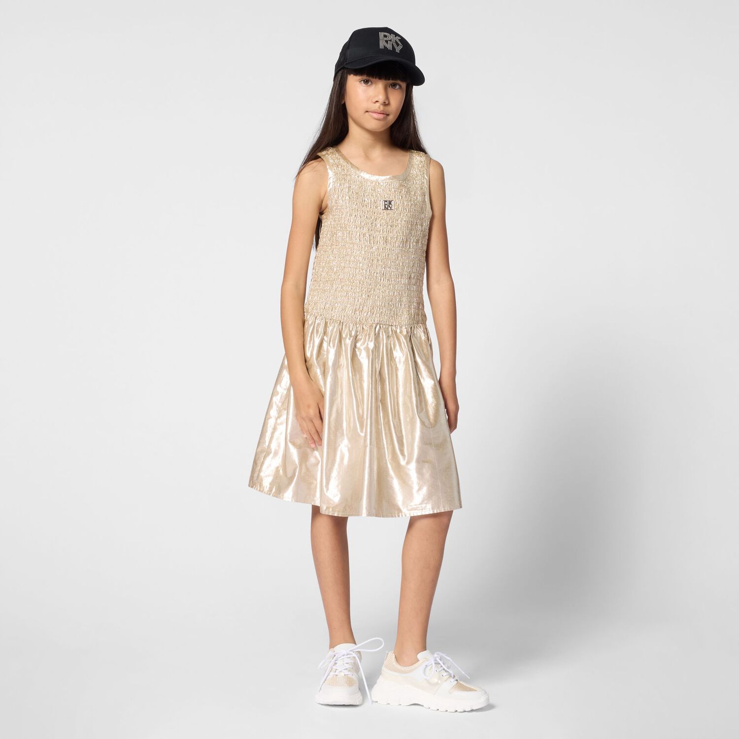 Girls Metallic Gold Logo Ruched Dress, 1, hi-res