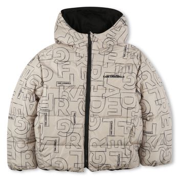 Boys Beige & Black Logo Reversible Puffer Jacket