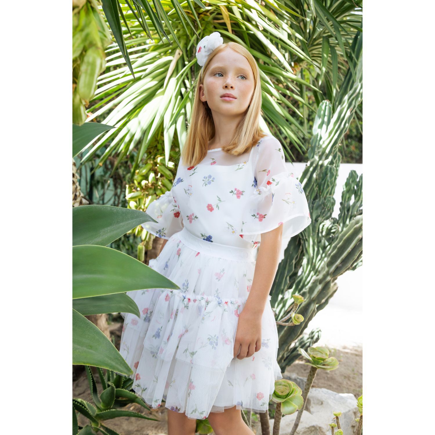 Girls White Tulle Floral Skirt, 1, hi-res image number null