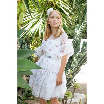 Girls White Tulle Floral Skirt