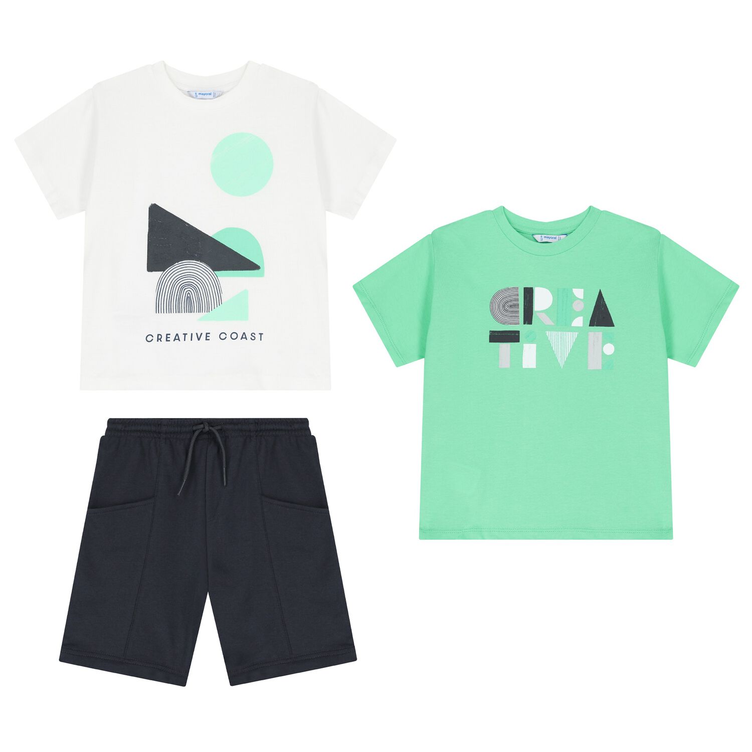 Boys Green, White & Navy Shorts Set, 3, hi-res