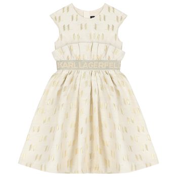 Girls Ivory and Gold Logo Dress