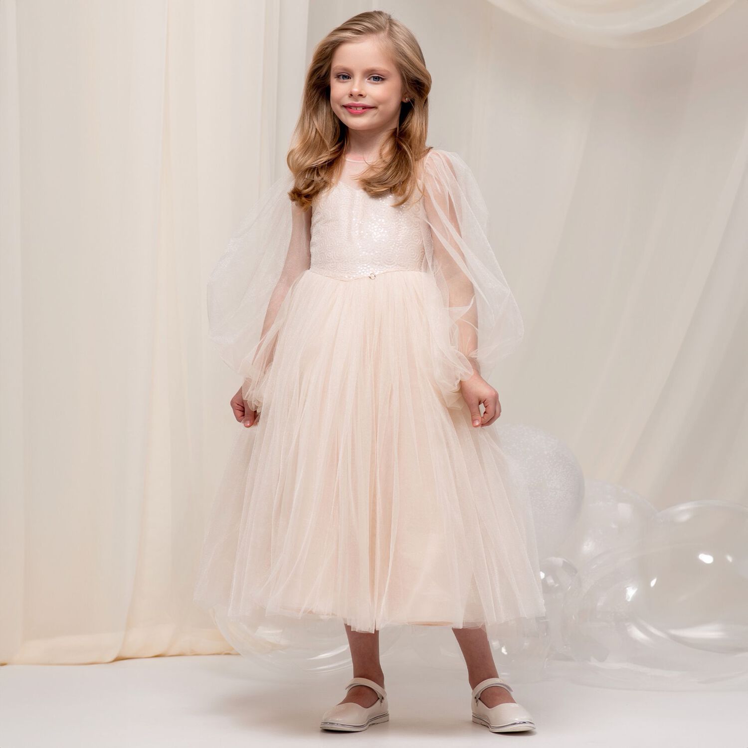 Girls Beige Bow & Tulle Ariel Dress, 1, hi-res