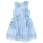 Girls Blue Tulle Flower Dress, 1, hi-res