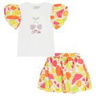 Girls White & Orange Cherry Skirt Set, 1, hi-res
