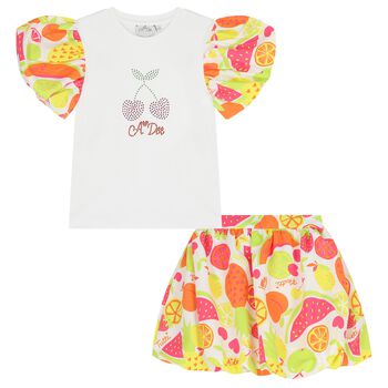 Girls White & Orange Cherry Skirt Set