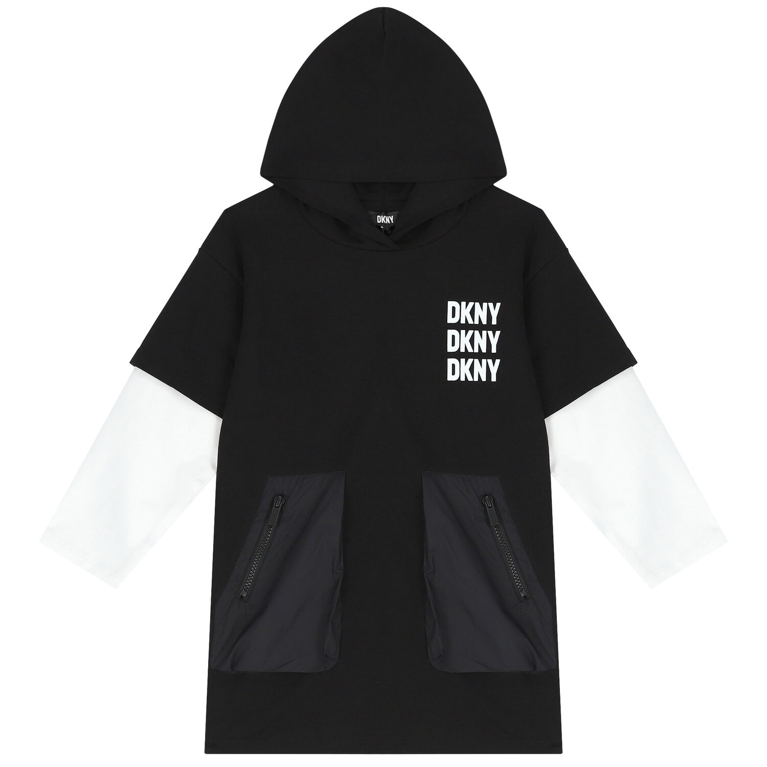 Girls Black Logo Hooded Dress, 1, hi-res