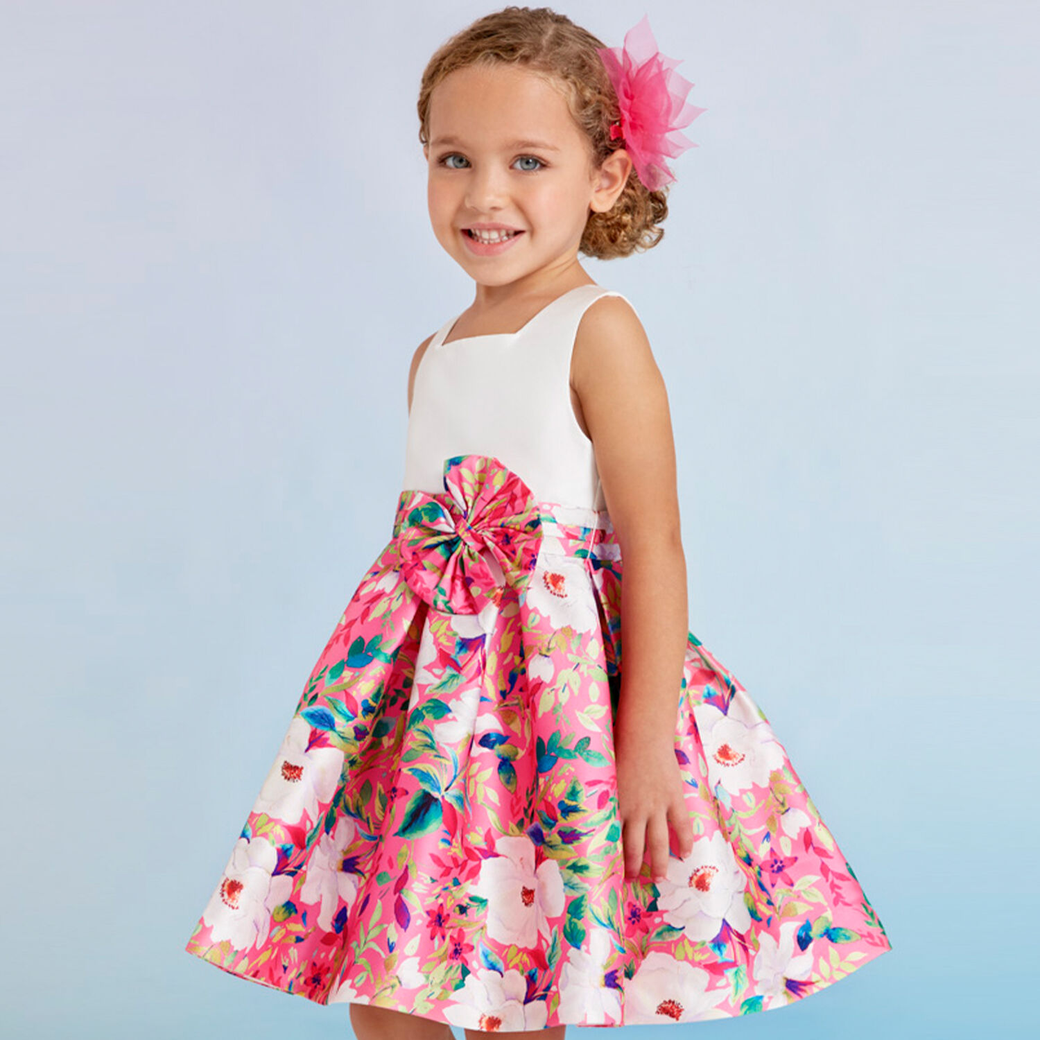 Girls White & Pink Floral Dress, 1, hi-res