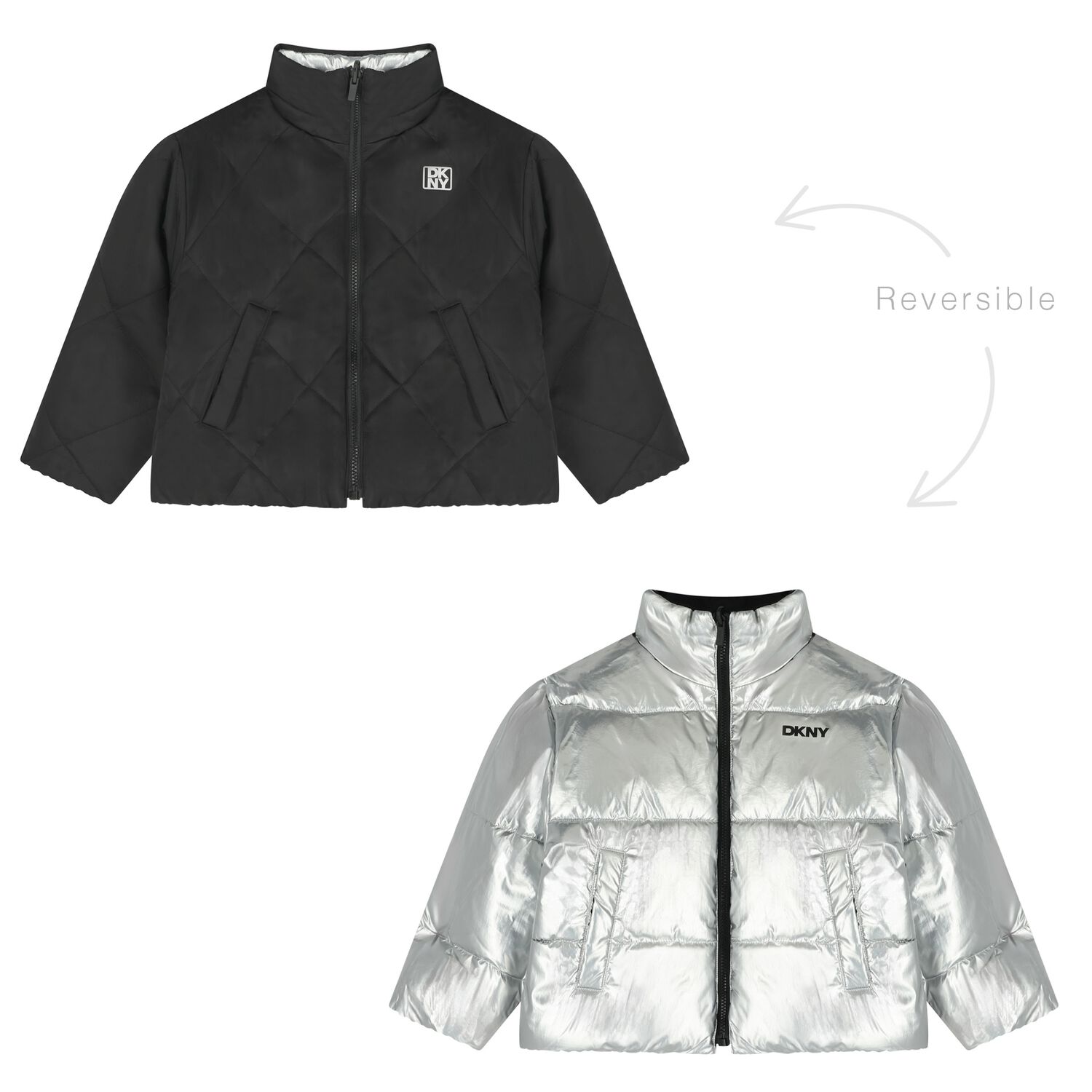 Girls Silver & Black Logo Reversible Puffer Jacket, 1, hi-res