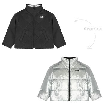 Girls Silver & Black Logo Reversible Puffer Jacket