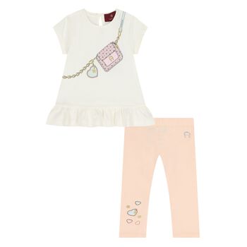 Younger Girls White & Pink Leggings Set