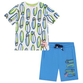 Boys White & Blue Surfboard Shorts Set