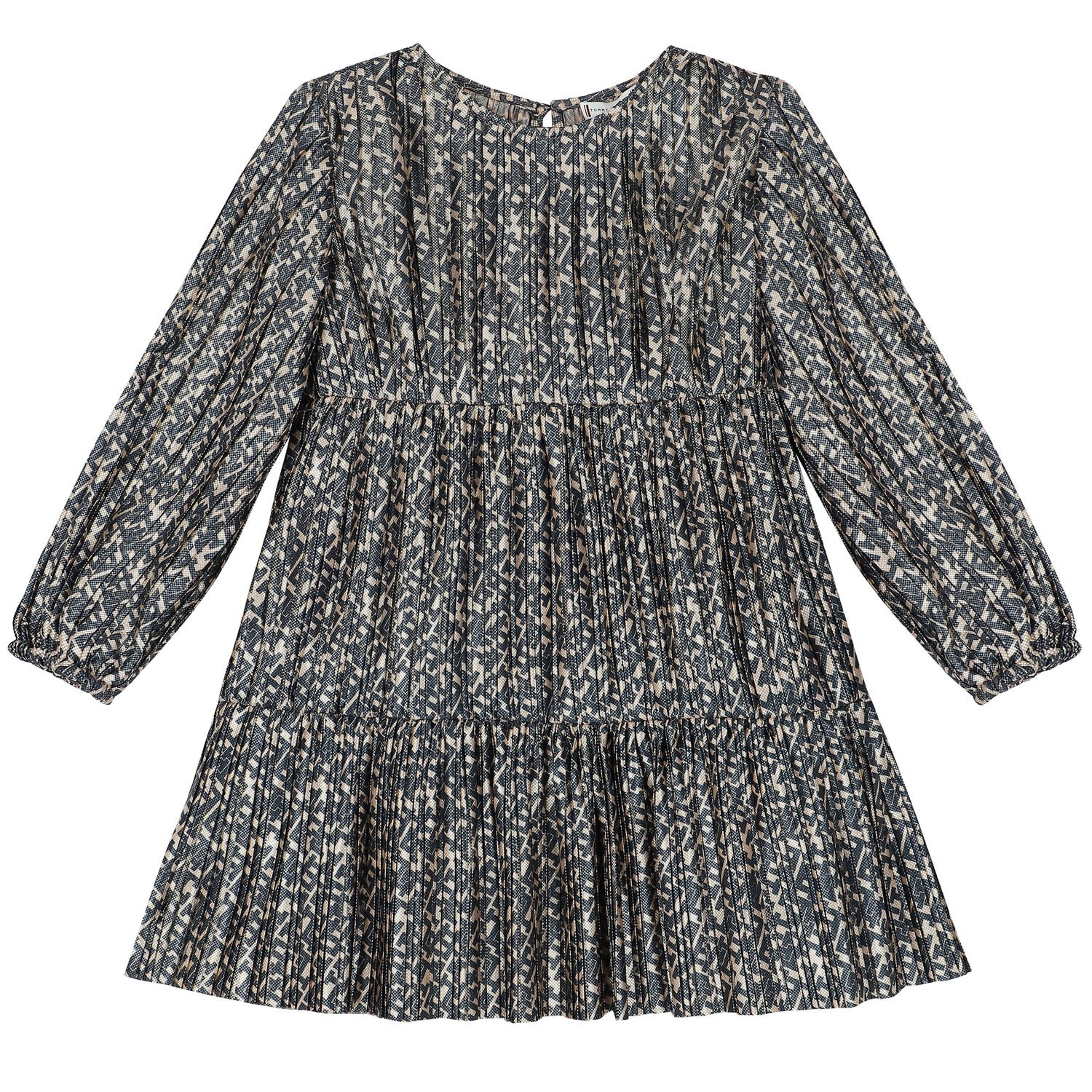 Girls Gold & Navy Logo Pleated Dress, 1, hi-res