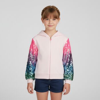 Girls Pink Sequin Hooded Zip Up Top