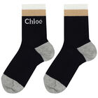 Girls Navy Blue Logo Socks, 1, hi-res