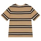 Boys Beige, Black & White Striped Logo T-Shirt, 1, hi-res