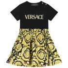 Younger Girls Black & Gold Barocco Logo Dress, 1, hi-res