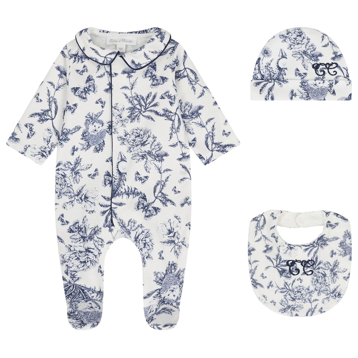Ivory & Navy Blue Toile De Jouy Babygrow Gift Set, 1, hi-res