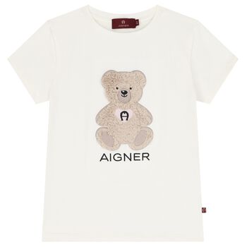 Girls Ivory Teddy Bear Logo T-Shirt