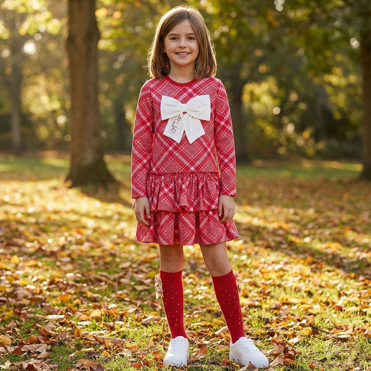 Girls Red & Pink Bow Dress, 1, hi-res