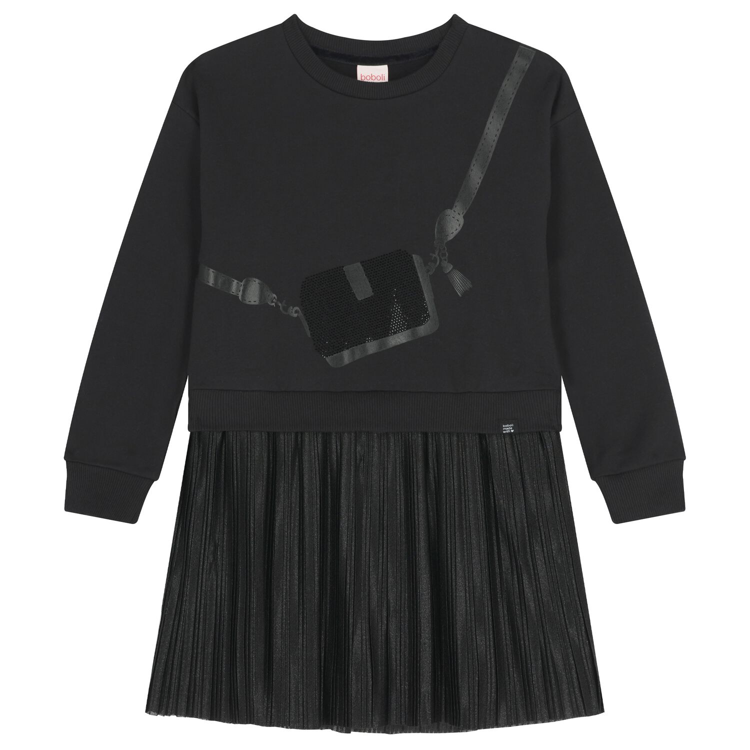 Girls Black Bag Pleated Dress, 1, hi-res