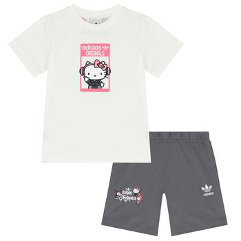 Younger Girls White & Grey Hello Kitty Shorts Set