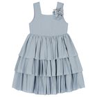 Girls Blue Flower Tiered Dress, 1, hi-res