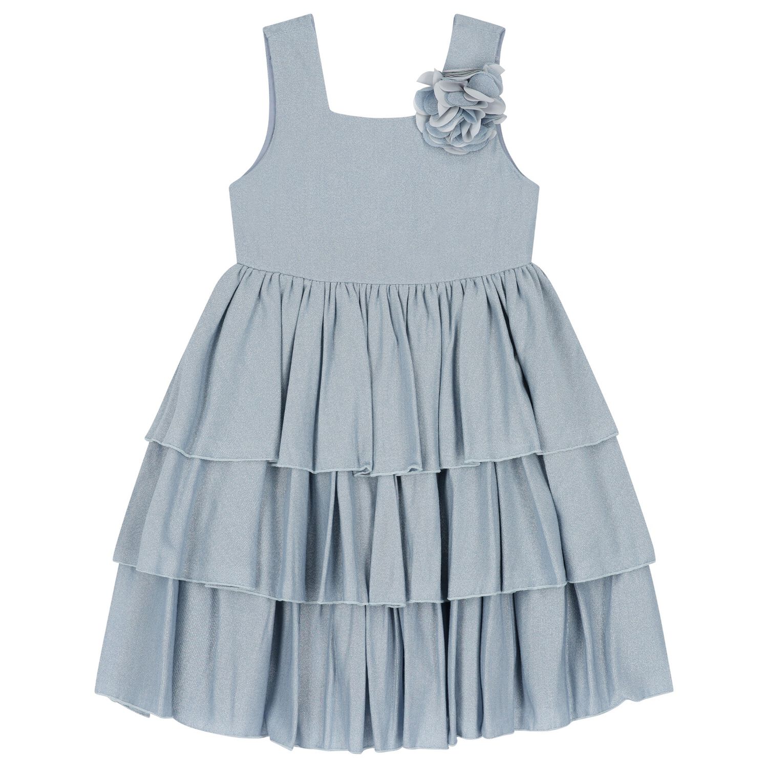 Girls Blue Flower Tiered Dress, 1, hi-res