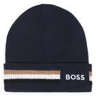 Boys Black Logo Beanie Hat, 1, hi-res