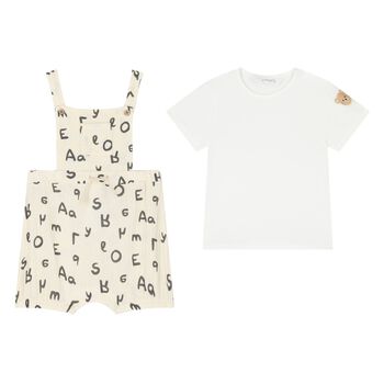 Baby Boys Beige & Ivory Bear Dungaree Set, 1 Baby Boys Beige & Ivory Bear Dungaree Set