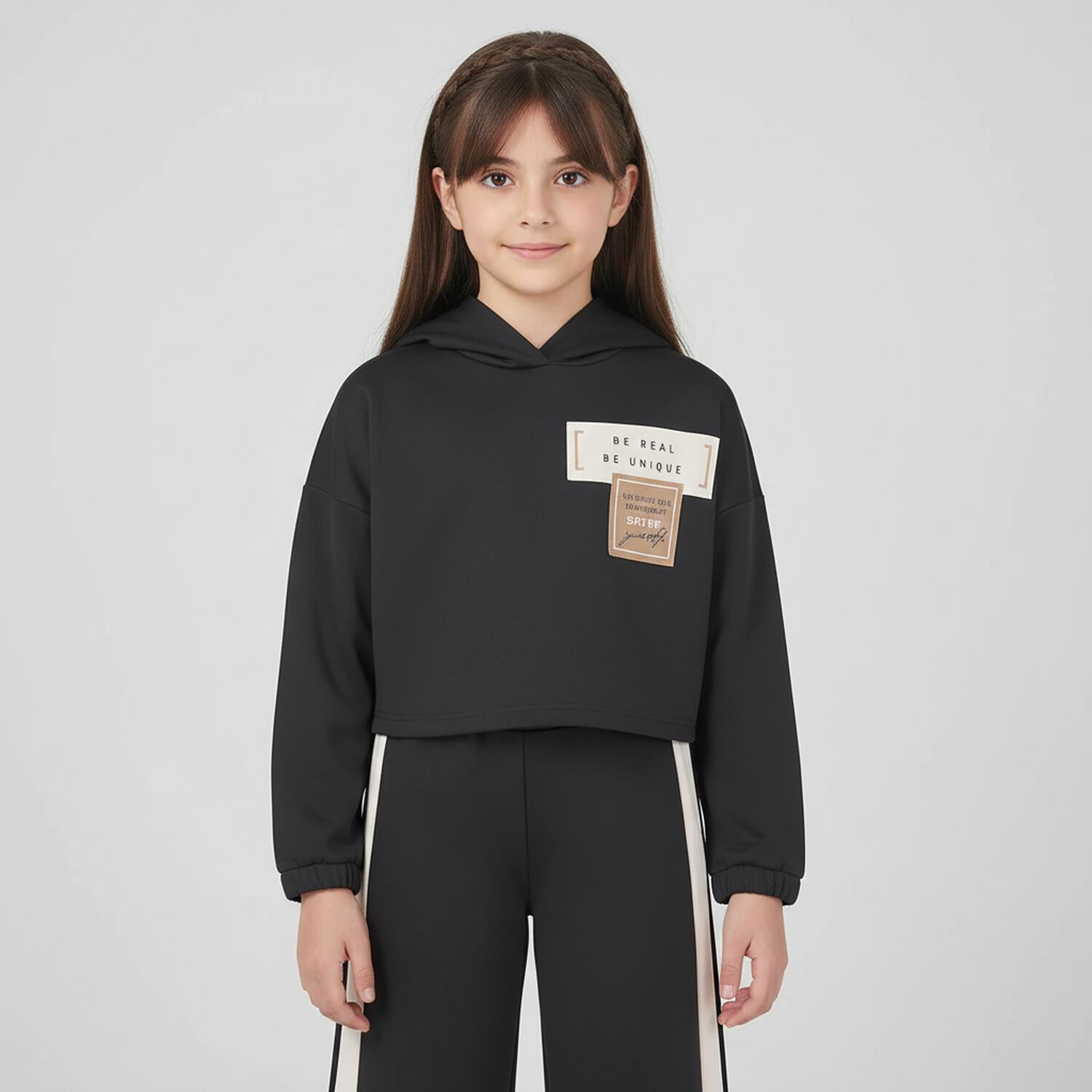 Girls Black Hooded Tracksuit, 1, hi-res