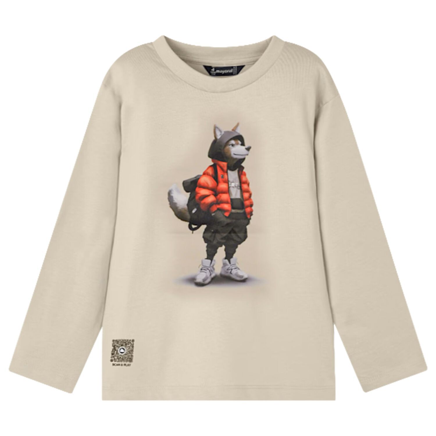 Boys Beige Wolf Long Sleeve Top, 1, hi-res