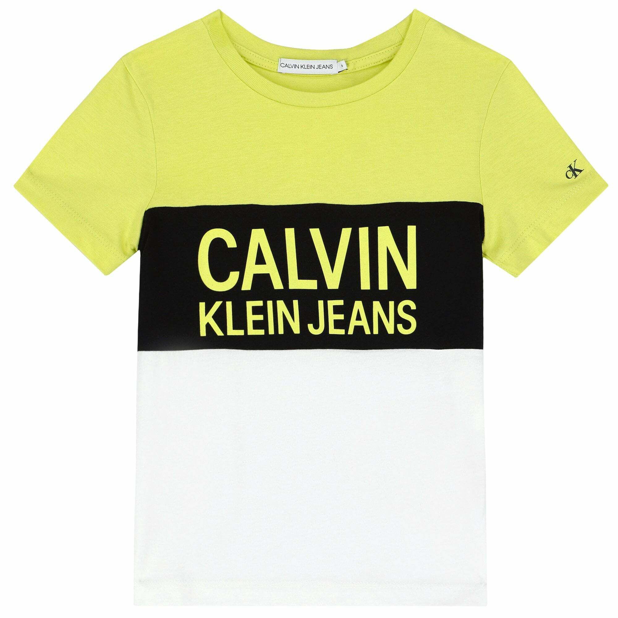 Calvin Klein Boys Neon Yellow Black White Logo T Shirt Junior Couture UK