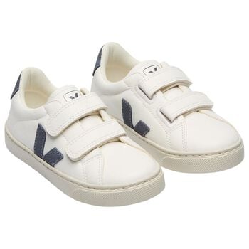 White & Blue Logo Leather Trainers 