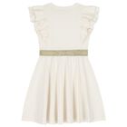 Girls Ivory & Gold Logo Ruffled Dress, 1, hi-res