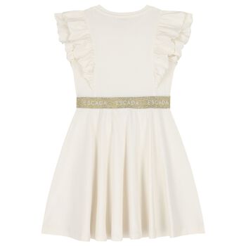 Girls Ivory & Gold Logo Ruffled Dress