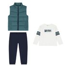 Boys White, Green & Navy Blue Tracksuit Set ( 3 Piece ), 1, hi-res