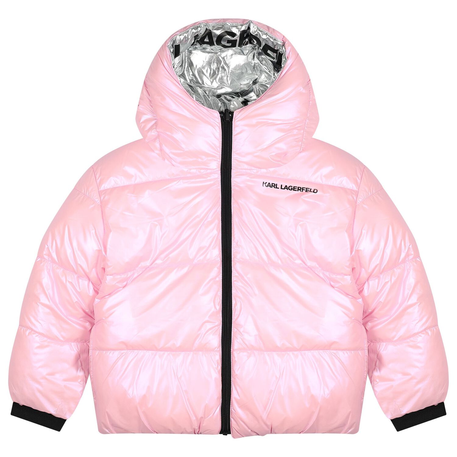 Girls Silver & Pink Reversible Puffer Jacket, 1, hi-res
