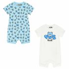 Baby Boys White & Blue Teddy Logo Rompers, 1, hi-res