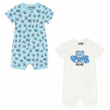 Baby Boys White & Blue Teddy Logo Rompers