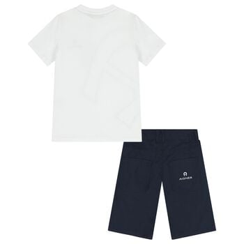 Boys White & Navy Blue Logo Shorts Set