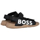 Boys Black & Beige Logo Sandals, 1, hi-res