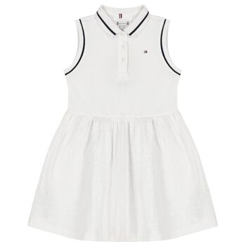 Girls White Cotton Broderie Polo Dress