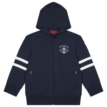 Boys Navy Blue Logo Hooded Zip Up Top
