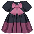 Girls Pink & Navy Blue Satin Bow Dress, 1, hi-res