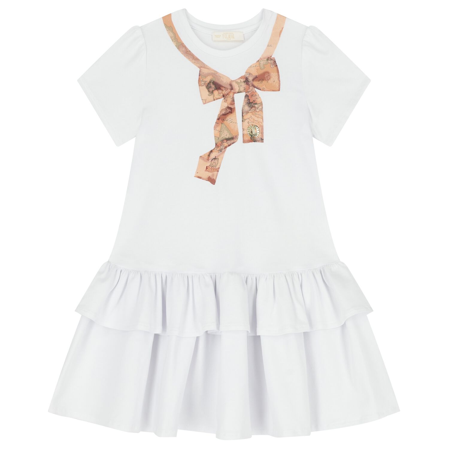 Girls White & Beige Bow Logo Dress, 2, hi-res