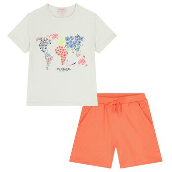 Girls White & Orange Floral Shorts Set